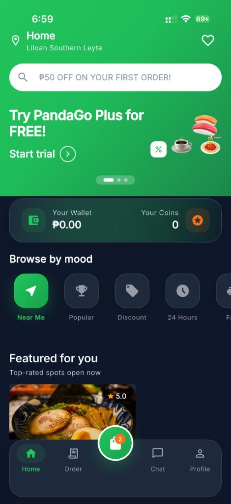 SugoGo home screen showing nearby restaurants and featured food